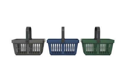 Collection of three empty 3D rendered shopping baskets in various colors isolated on transparent background