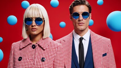 A stylish duo in retro attire, sunglasses, and floating spheres. Against a vibrant red backdrop - Powered by Adobe