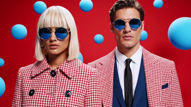 A stylish duo in retro attire, sunglasses, and floating spheres. Against a vibrant red backdrop