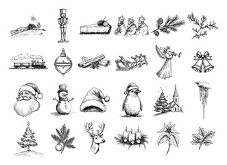 Fototapeta premium Christmas Hand Drawn Sketch Icon Set Vector Holiday and Winter Doodle Elements