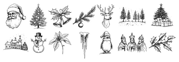 Big Christmas Doodle Icon Set Hand Drawn Vector Sketch Illustrations with Santa Reindeer and Snowman © Kaz