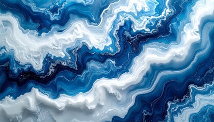 Abstract blue and white marble texture with fluid waves and smooth flow design.