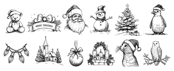 Hand drawn Christmas icon collection. Vector sketch set of vintage holiday symbols with Santa, snowman and animals.