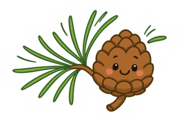 Cute pinecone character with a happy face holding green pine needles, cartoon illustration with transparent background