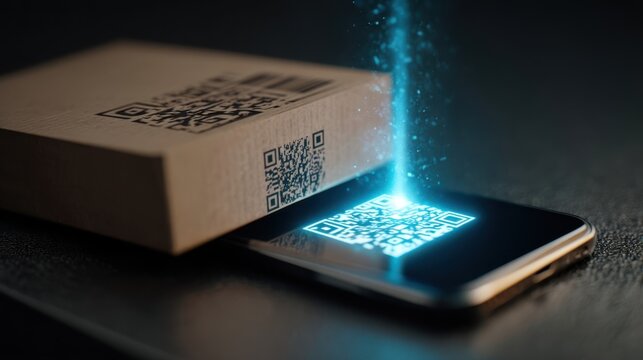 Smartphone displaying glowing QR code, with a cardboard package featuring a printed QR code beside it, illustrating modern technology and digital interaction in commerce - Powered by Adobe