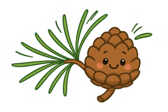 Cute pinecone character with a happy face holding green pine needles, cartoon illustration with transparent background