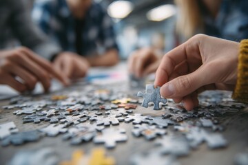 Group of friends or coworkers collaborates to complete a jigsaw puzzle on a table in an office or home