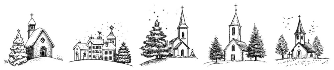 Obraz premium Winter Village Scene Hand Drawn Sketch Set Vector Christmas Landscape with Church and Town