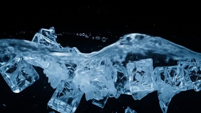 Ice cubes splashing into clear water in slow motion on black background. 4k videos