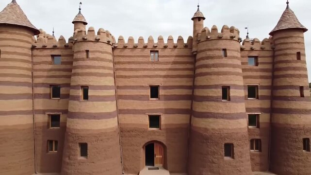 Exterior view of layered clay building with towers and small windows
