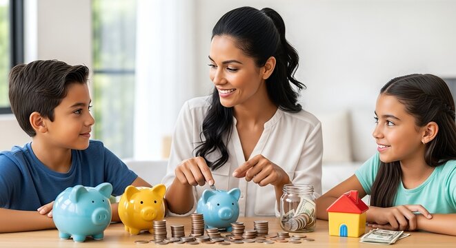 Woman teaching children about financial literacy, using colorful piggy banks and coins, fostering understanding of money management concepts for future generations