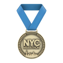 Bronze NYC Marathon medal with a blue ribbon representing sports achievement and victory isolated on transparent background