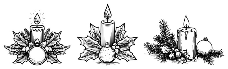 Hand Drawn Christmas Candle Decorations Set Vintage Holiday Sketch Illustrations
