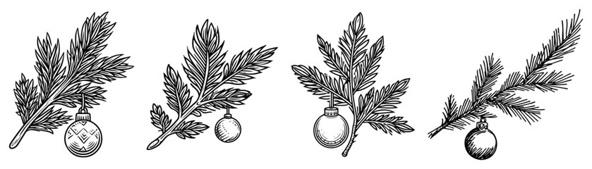Christmas Tree Branch with Ornament Hand Drawn Vector Set Pine Twig Sketch Illustrations © Kaz