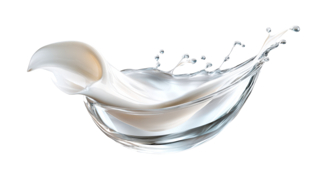 Liquid splash motion with opaque white fluid and transparent droplets