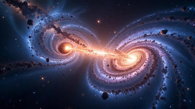 Dynamic galaxy collision in deep space creates stunning celestial event, perfect for science documentaries or space exploration visuals
