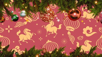 Lunar New Year Horses and Lanterns Pattern with Festive Greenery Decor