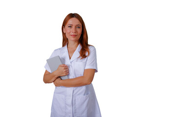Woman doctor, nurse, or medical professional wearing a white lab coat, holding a tablet, posing on a transparent background