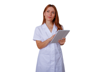 Healthcare professional woman using digital tablet, thinking about medical technology and innovations, transparent background