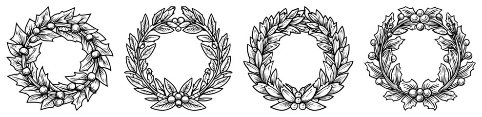 Hand Drawn Christmas Wreath Vector Set Vintage Botanical Holiday Laurel Sketch