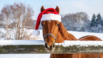 Horse wearing a Santa hat standing by a snowy fence in a winter landscape.