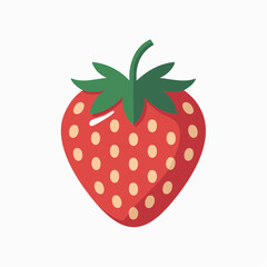 A simple, flat design illustration of a single red strawberry with green leaves and light seeds on a white background.