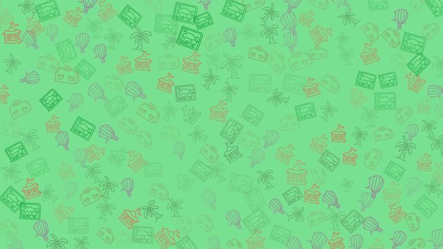 Light green background filled with icons related to travel. Suitable for travel websites, blogs, and social media posts about trips and adventures