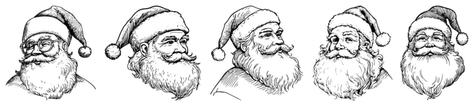 Hand Drawn Santa Claus Portraits Vintage Christmas Vector Sketch Faces Set