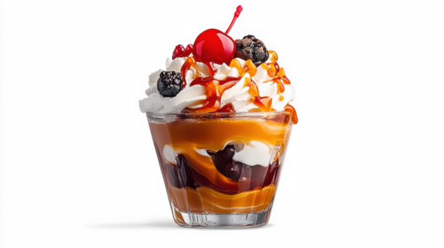 Sundae with Whipped Cream and Cherry Topping on transparent background