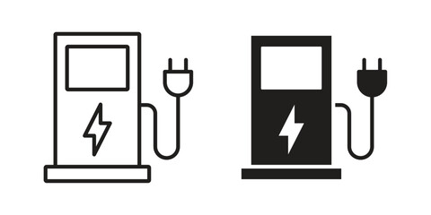 Charging station icon flat and thin stroke vector pack. Editable icons set