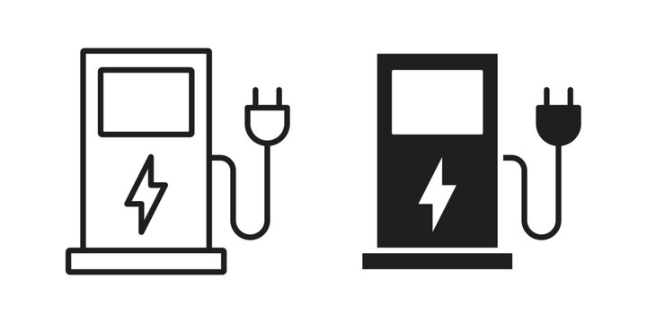 Charging station icon flat and thin stroke vector pack. Editable icons set