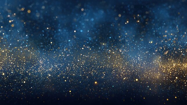 Abstract dark blue background with starry bokeh lights, glowing particles and glitter effect for web banners, holiday cards, digital media.
