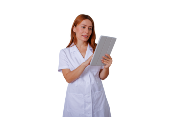 Female doctor using digital tablet, consulting patients, providing telehealth services, transparent background