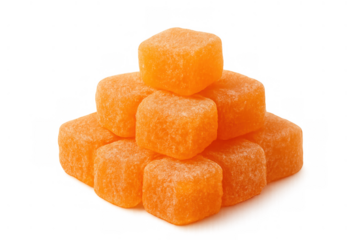 Orange cube shaped gummies in a small stack, sweet jelly candy for children and adults, transparent background