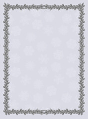 Isolated Christmas frame of silver tree branches on a snowflake background. Suitable for cards, invitations, notepads, notebooks and posters. Vector illustration.