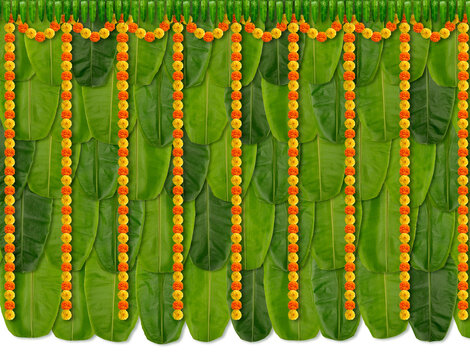 Green Banana leaf orange yellow marigold flower background for backdrop, Indian Marriage, Engagement, baby banana marigold flower leaf decoration, Indian festivals background, backdrops for festivals 