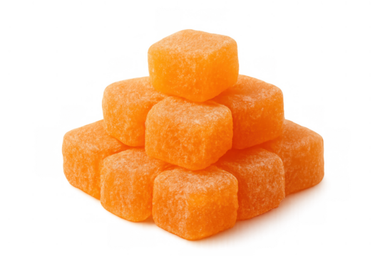 Orange cube shaped gummies in a small stack, sweet jelly candy for children and adults, transparent background