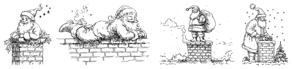 Santa Claus on Chimney Hand Drawn Christmas Scenes Vector Set