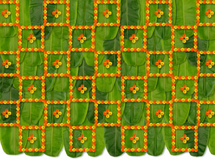 Green Banana leaf orange yellow marigold flower background for backdrop, Indian Marriage, Engagement, baby banana marigold flower leaf decoration, Indian festivals background, backdrops for festivals 