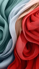 Abstract Backdrop with Fluid Textile Patterns in Greenish-Blue, Ivory, and Vermilion Red Fabrics