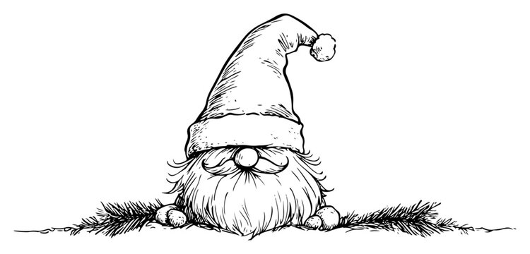 Hand Drawn Christmas Gnome With Long Hat Vintage Winter Character Vector Sketch
