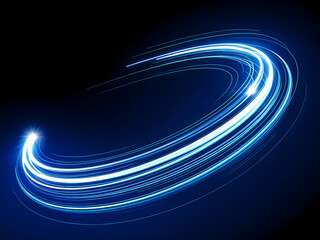 Dynamic blue light streak forming an abstract circular shape with glowing energy against a dark background