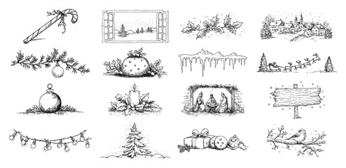 Big Christmas Doodle Icon Set Hand Drawn Vector Holiday and Winter Sketch Collection