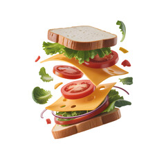 Dynamic deconstructed sandwich with flying fresh ingredients including bread lettuce tomato and cheese isolated on transparent background