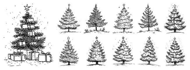Obraz premium Decorated Christmas Trees Set Hand Drawn Fir Spruce Vector Sketch Collection