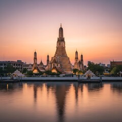 Obraz premium Majestic Wat Arun at Golden Hour Twilight: Ultra-Realistic Architectural Masterpiece Reflected in the Chao Phraya River
