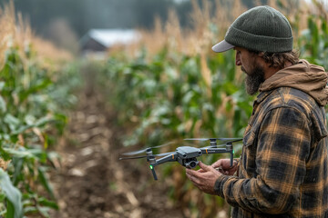 A farmer flies a drone over a field. Modern technologies in agribusiness.