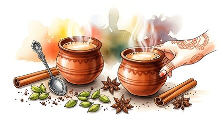 Warm chai tea in clay pots with spices and steam.