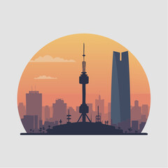 Minimalist vector illustration of a city skyline at sunset with a prominent communication tower and skyscraper.