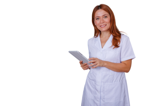 Woman redheaded doctor in lab coat smiling, holding a digital tablet, representing healthcare and innovative medicine
